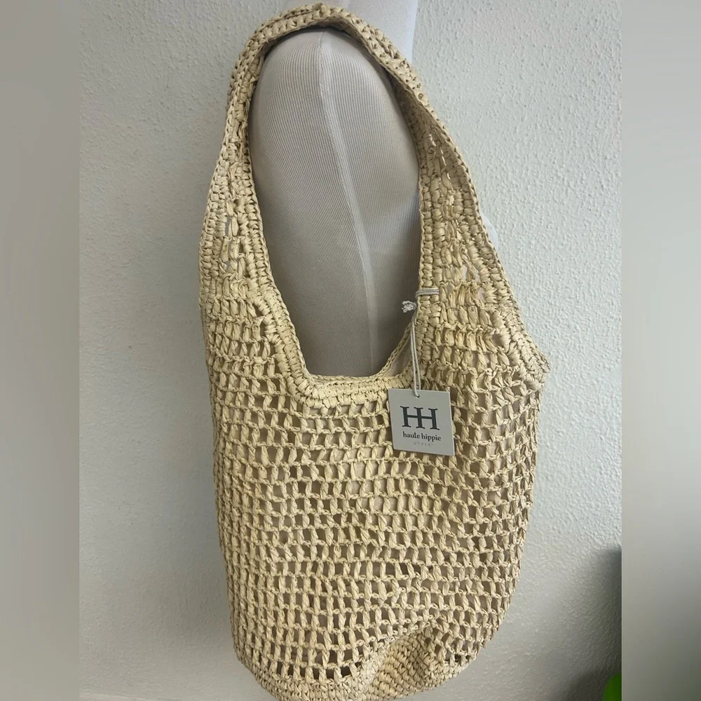 Haute Hippie Lrg Handwoven Straw Tote Bag Boho Chic Summer Beach Shoulder Purse - Picture 4 of 6